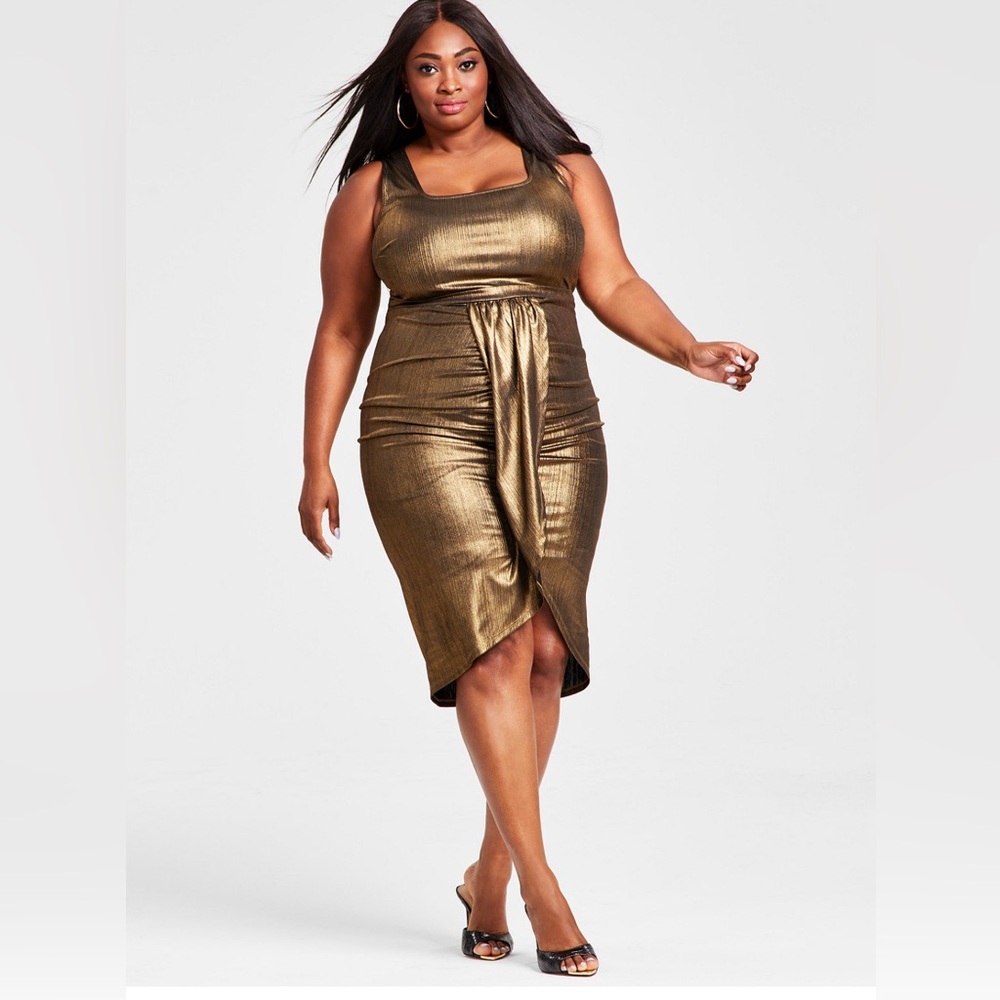 Nina Parker Metallic Scoop Neck Faux Wrap MIDI Dress Sz 0X (12W) Color Gold NWT